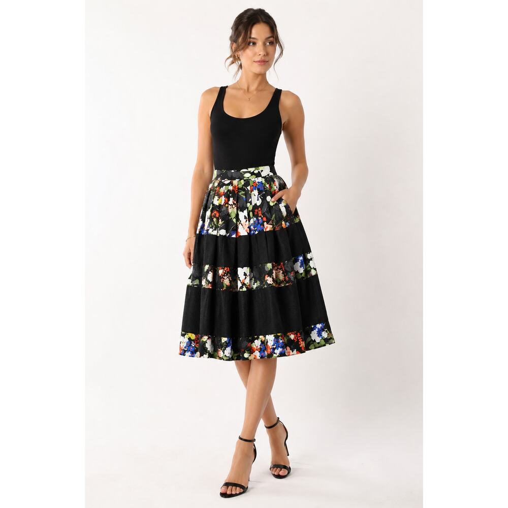 BANANA REPUBLIC Black Floral Pleated Midi Skirt Size 4 Artsy Modern Romantic